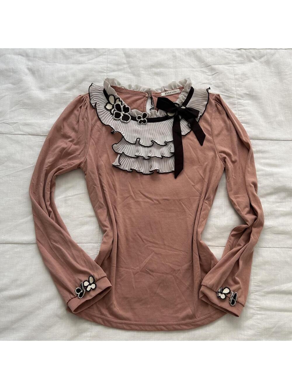 Axes Femme Mauve Pink Ruffle Ribbon Bow Top Size M Japan